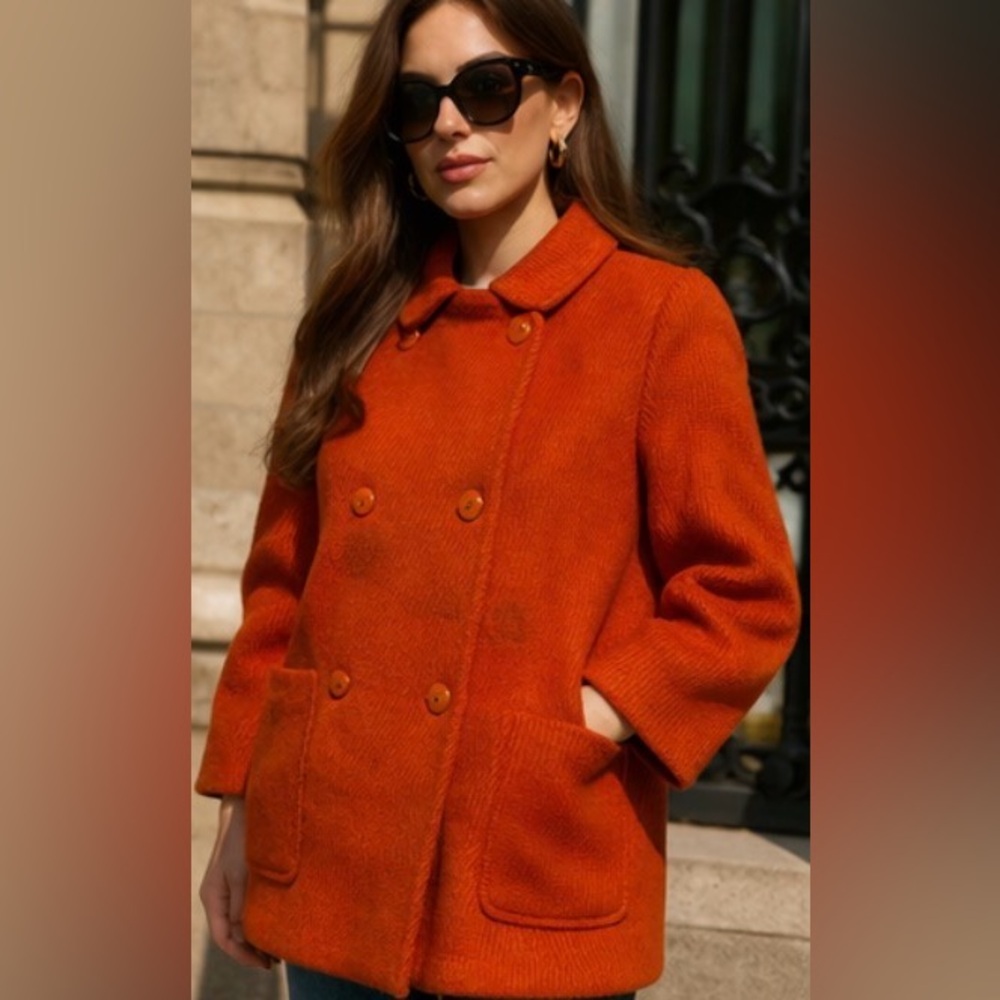 Vintage 1980s Salvatore Ferragamo Mohair Burnt Orange Wool Peacoat Italy EU42